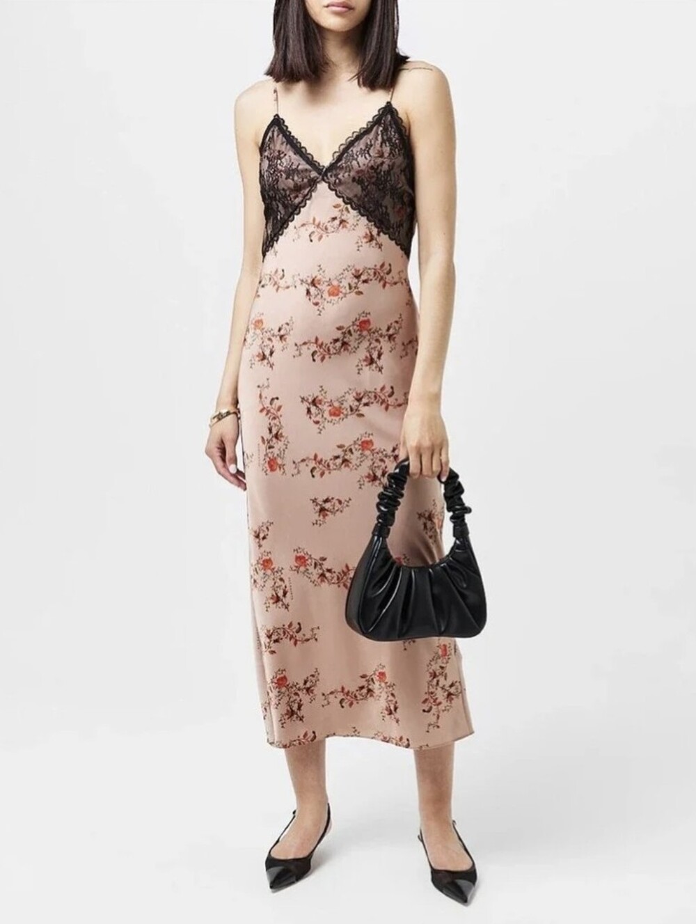 All Saints Black Lace-Trim V-Neck Slip Oto Slip Dress  Brown Spaghetti Strap 10